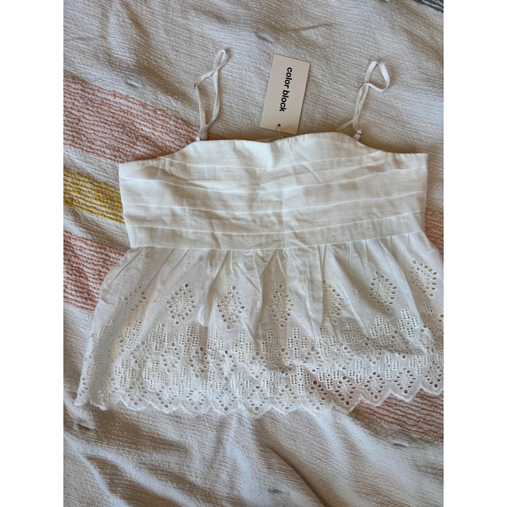 Color Block Womens White Eyelet Peplum Top Adjustable Straps Size Medium